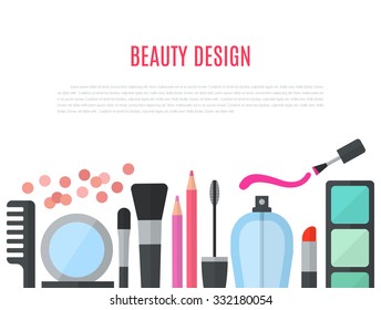 Make up concept vector flat illustration with cosmetics, makeup table, mirror, make-up brushes, perfume, nail polish and comb are laid out in row. Beauty concept design isolated on white background.