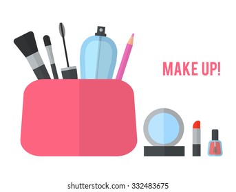 Make up concept vector flat illustration with lipstick, comb, brush, palette, perfume, nail Polish in women's purse. Beauty design isolated on white background. Make-up artist objects. Cosmetic bag.