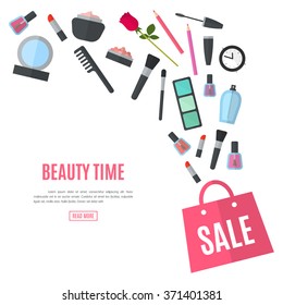 Make up concept vector flat illustration with lipstick, comb, brush, palette, perfume, nail Polish in women purse. Beauty design isolated on white background. Make-up artist objects. Cosmetic bag.