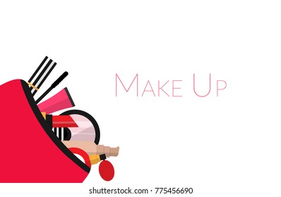 Make up concept vector flat illustration. Include cosmetic bag with lipstick, comb, brush, palette, perfume, nail polish. Vector flat design of make up procedure. Make up artist objects. 