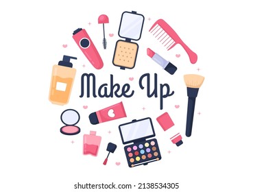 Make Up Cosmetics Collection of Glamour Girl Like Nail Polish, Mascara, Lipstick, Eyeshadows, Brush or Powder in Flat Cartoon Vector Illustration