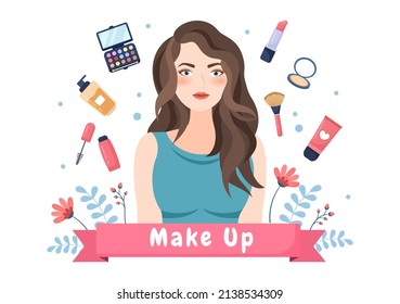 Make Up Cosmetics Collection of Glamour Girl Like Nail Polish, Mascara, Lipstick, Eyeshadows, Brush or Powder in Flat Cartoon Vector Illustration