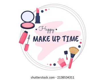 Make Up Cosmetics Collection of Glamour Girl Like Nail Polish, Mascara, Lipstick, Eyeshadows, Brush or Powder in Flat Cartoon Vector Illustration