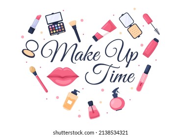 Make Up Cosmetics Collection of Glamour Girl Like Nail Polish, Mascara, Lipstick, Eyeshadows, Brush or Powder in Flat Cartoon Vector Illustration