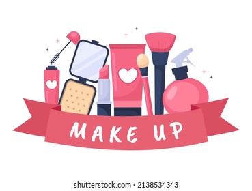 Colección de Cosméticos de Chica de Glamour como Nail Polaco, Mascara, Palo de labio, Ojos, Pincel o Polvo en Vector de Dibujo Plano Ilustración