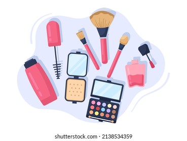 Make Up Cosmetics Collection of Glamour Girl Like Nail Polish, Mascara, Lipstick, Eyeshadows, Brush or Powder in Flat Cartoon Vector Illustration