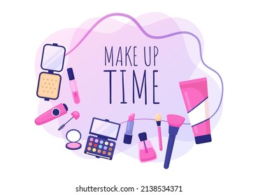 Make Up Cosmetics Collection of Glamour Girl Like Nail Polish, Mascara, Lipstick, Eyeshadows, Brush or Powder in Flat Cartoon Vector Illustration