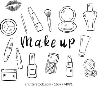 Make up , cosmetics , fashion vector isolated design elements and lettering on white background. Concept for logo, icon, cards 