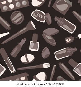Make up and cosmetics seamless pattern. Fashion time vector illustration. Beauty products and accessories such as lipstick, eye shadows, mascara, nail polish, powder. Fashion shop or store.