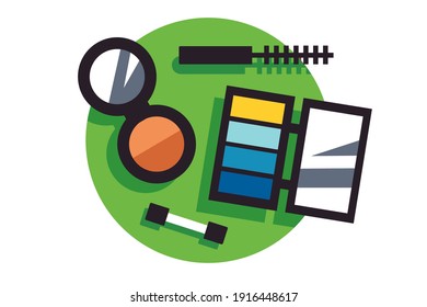 Make up cosmetics tools on round surface vector illustration isolated on white background.