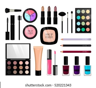 Make up cosmetics. Vector illustration in flat style. Cosmetics product - nail polish, mascara, lipstick, brushes, powder, lip gloss, blush, eye and lips pencil, foundation, concealers, eye shadows. 