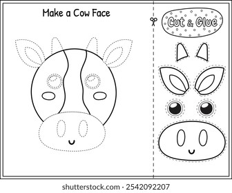 Hacer un juego de cara de vaca en blanco y negro para los niños. Corte y pegue la página de actividad educativa en el esquema. Juego a juego con el animal de granja. Ilustración vectorial