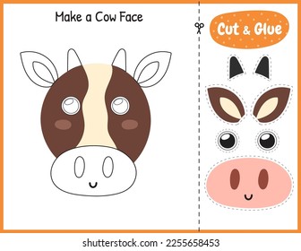 Make a cow face funny game for kids. Cut and glue educational activity page. Matching game with farm animal. Vector illustration