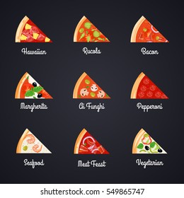 Make create pizza decorative icons set with isolated slices of different pizza selection and appropriate captions vector illustration 
