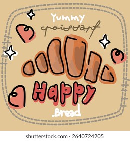 Make cute croissants, cute bread, delicious food, cute and adorable heart vector, happy little wallpaper stickers, brown background