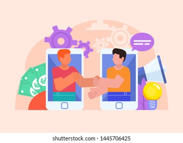 Make deal, agreement online, by phone. Poster for social media, web page, banner, presentation. Flat design vector illustration