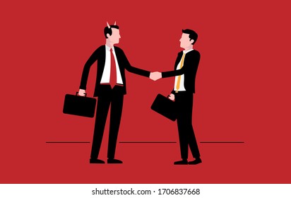 Make a deal with the devil - Devil lawyer and businessman shaking hands. Dangerous manager, bad deal and evil business concept. Vector illustration.