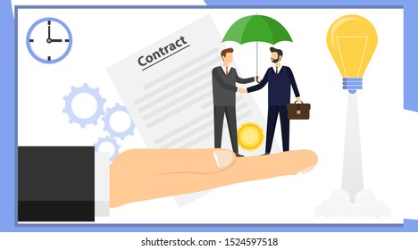 Make a deal. Two businessmen are shaking hands. Two businessmen made a deal on a man’s giant hand. Vector illustration of a successful deal concept.
