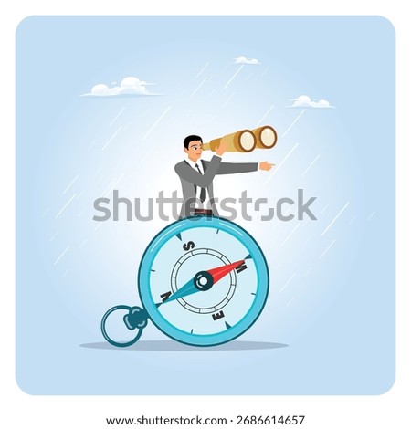 Make decision for business direction concept. Businessman with binoculars and a compass seeks direction or opportunities, guided by the business compass.