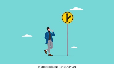 make a decision to choose a career path illustration, choose a path to achieve business goals career success, confused businessman thinking which way to go on folk road sign vector illustration