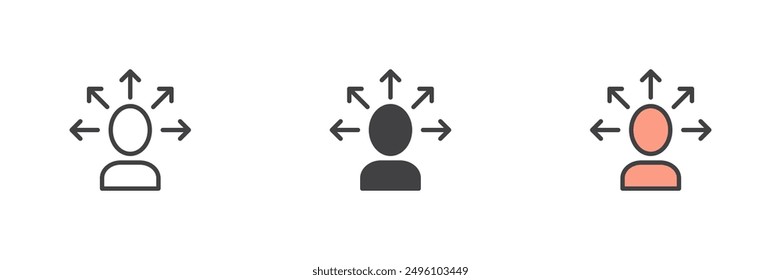 Entscheiden Sie sich für einen anderen Symbolsatz. Linie, Glyphe und gefüllte Kontur bunte Version, Kontur und gefüllte Vektorzeichen. Selbstbewusstseinssymbol, Logo-Illustration. Vektorgrafiken