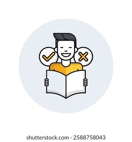 Make a Decision Icon: Features a person holding an open book, pondering options represented by a checkmark and an 'X'. Ideal for themes of decision-making, evaluation, and choice.