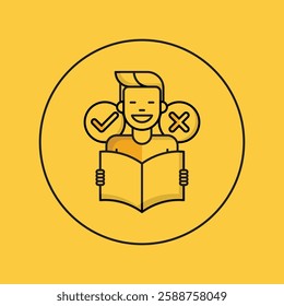 Make a Decision Icon: Features a person holding an open book with a checkmark and an 'X' symbol, indicating the process of making a choice. Ideal for educational and decision-making themes.