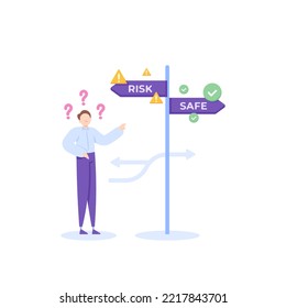 make decisions and choices. path of life and career. a worker or entrepreneur is thinking of choosing a risky path or choosing a safe path. an indecisive and considerate man. illustration concept