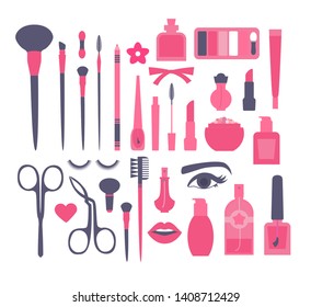 Make Up and Decorative Cosmetics Flat Set. Brusies, Eye Shadows, Lipstics, Nail Polish, Powder, Mascara, Perfume and Tweezers.