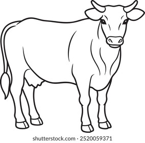 Make a domestic animal Cow outline vector art illustration in front view on a white background.