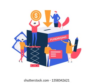 Make a donation - colorful flat design style illustration on white background. A composition with male, female characters raising money for charity, supporting social campaign. Fundraising concept