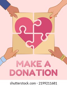 Make a donation. Group of people hands holding big heart puzzle symbol. Donation and charity vector flat design. Give and share your love to people. Group of volunteers in social benefit activity.