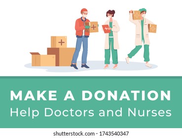 Make donation to help doctors and nurses vector poster design. Volunteer or courier in protective mask deliver humanitarian aid, material assistance to medical workers flat cartoon illustration.