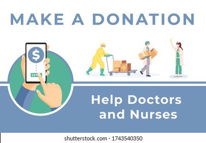 Make donation to help doctors and nurses vector flat cartoon banner template. Medical workers carrying boxes on cart and holding parcels in hands. Humanitarian aid during coronavirus outbreak.