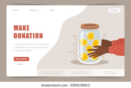 Make donation. Landing page template. African female hands holding glass jar full of gold coins. International charity day. Fundraising Concept. Vector cartoon illustration.