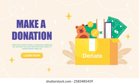 Make donation poster. Box with toys and books. Charity, kindness and generosity. Donations from charities for poor and needy. Landing webpage design. Flat vector illustration