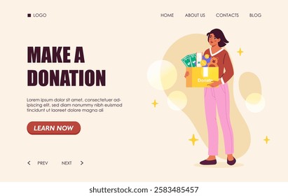 Make donation poster. Woman hold box with toys and books. Kindness and generosity. Help and support. Donations from charities for poor people. Landing webpage design. Flat vector illustration