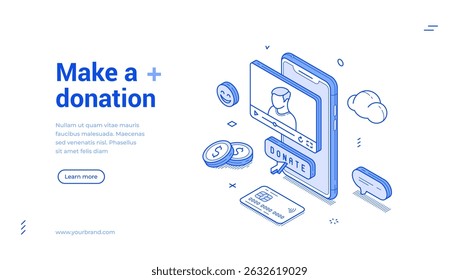 Make donation social media network blog vlog isometric web banner vector illustration. Making money via internet video influencer support charity paying subscribe mobile app minimalist landing page