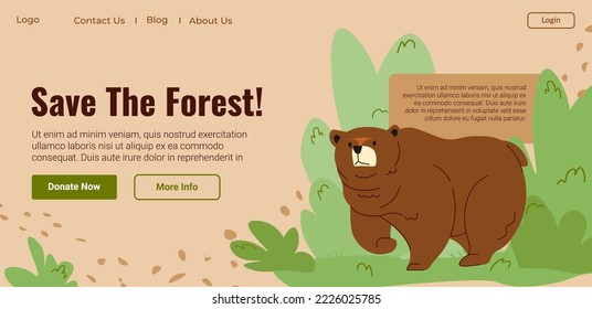 Hacer donaciones al zoológico o a las reservas nacionales, ayudando a la flora y la fauna. Salvar el bosque, proteger a los animales y las especies de la extinción. Plantilla de página de inicio del sitio web, sitio de Internet. Vector de estilo plano