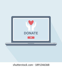 Make donations. Online donations. Isolated laptop with quick online donation page. Help concept. Vector illustration.