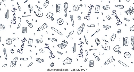 Formar un patrón de belleza de doodle con cosméticos, pintalabios, crema, rímel, polvo, matices, cepillo. Patrón vectorial sin foco para salones, textiles, embalaje.