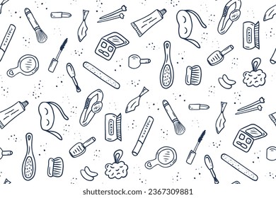 Make up doodle beauty pattern with cosmetic, lipstick, cream, mascara, powder, shades, brush. Seamless vector pattern for salons, textile, packaging.