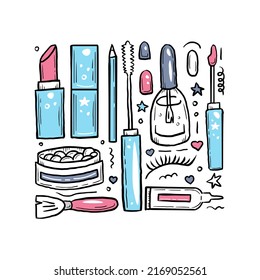 Make up doodle elements cartoon collection, square card. Cute girl hand drawn cosmetic icons set. Woman sketch lipstick, pencil, mascara, nail polish, lip gloss, brush, cream, eyelashes, hearts, lines