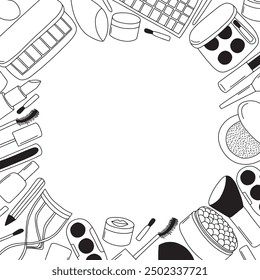 Make up doodle frame on white background. Vector make up beauty products vector frame