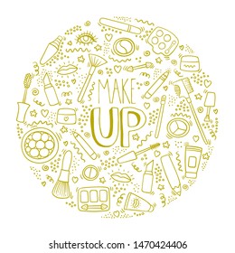 Make up doodle logo in circle with lipstick, cream, mascara, powder, shades, brush, handwritten lettering. Text, make up and cosmetics symbols. Beauty make up fashion doodle logo. Cosmetics vector
