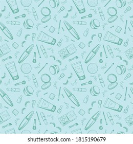 Make up doodle pattern with lipstick, cream, mascara, powder, shades, brush. Make up and cosmetic symbols. Beauty make up fashion doodle. Cosmetics seamless pattern vector.