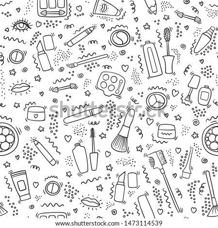 Make up doodle pattern with lipstick, cream, mascara, powder, shades, brush. Make up and cosmetic symbols. Beauty make up fashion doodle. Cosmetics seamless pattern vector.
