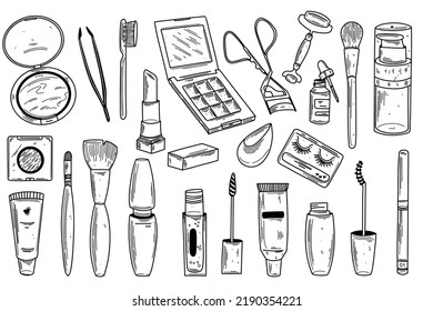 Make up doodle set with lipstick, cream, mascara, shades, brushes. Make up and cosmetic vector big collection. Beauty make up fashion doodles.