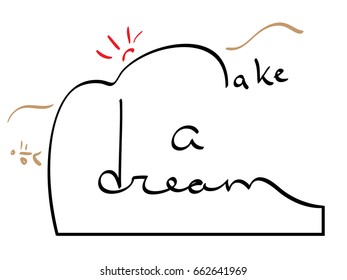 make a dream. Pencil calligraphic drawing. Stylized image of mountains, sun, sky, clouds and a tourist with a backpack