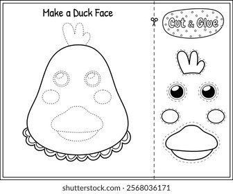 Make a duck face black and white game for kids. Cut and glue educational activity page in outline. Matching game with bird animal. Vector illustration